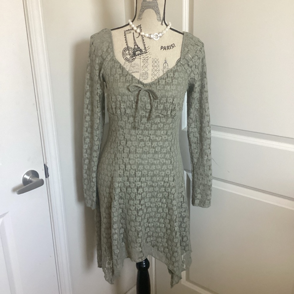 Chic Womens Olive Green Long Sleeve Lace Dress Mini Uneven Hem